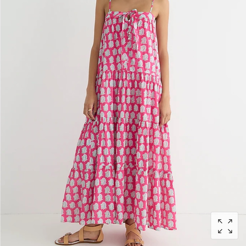 J. Crew x SZ Blockprints tie front tiered maxi dress in bright pink paisley